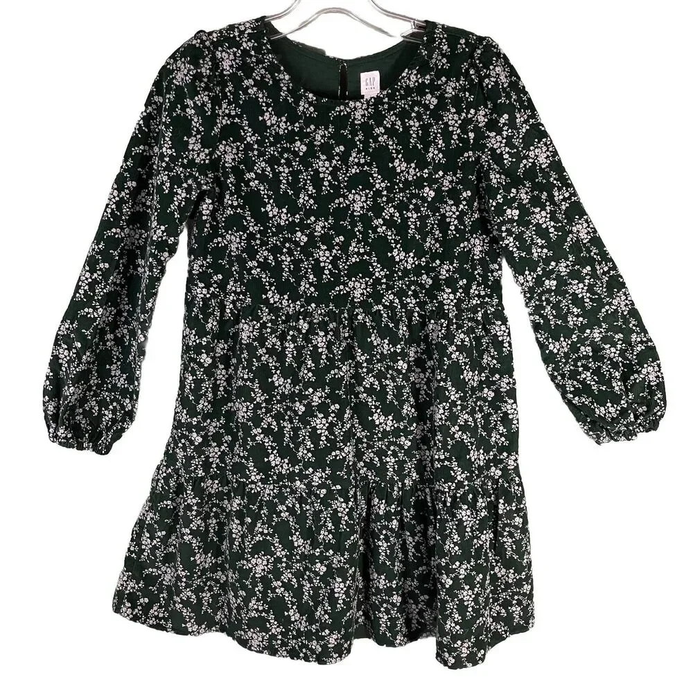 Gap Kids Girls L (10) Long Sleeves Corduroy‎ Tiered Dress Forest Green Floral
